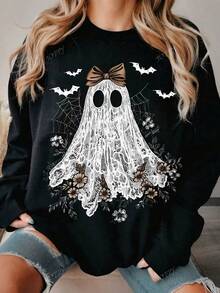 Cute Lace Ghost Halloween Boo Lace Bow Graphic T-Shirt, Casual Crew Neck Long Sleeve High-Quality Fleece Sweatshirt, Nightmare Before Christmas Fall Clothes For Women - 黑色 - 查看 1