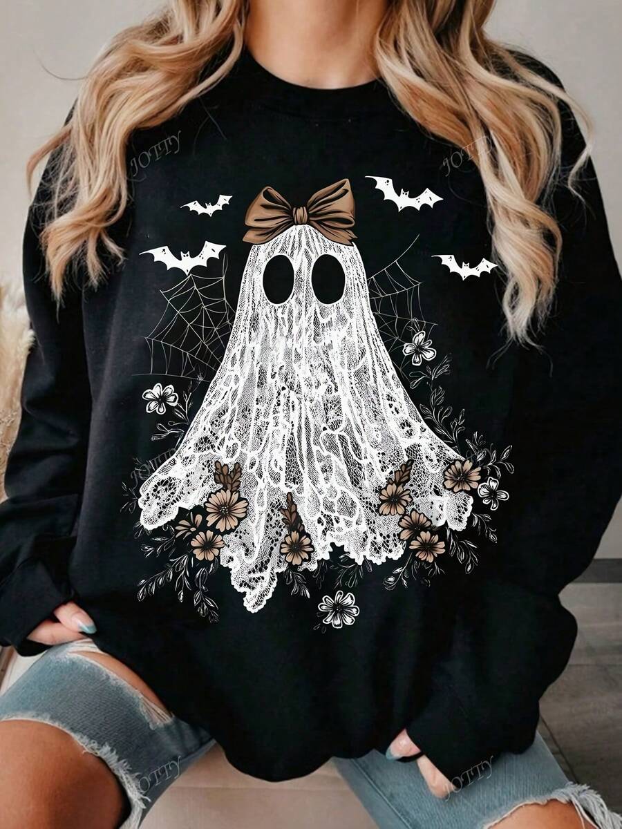 Cute Lace Ghost Halloween Boo Lace Bow Graphic T-Shirt, Casual Crew Neck Long Sleeve High-Quality Fleece Sweatshirt, Nightmare Before Christmas Fall Clothes For Women - 黑色 - 查看 1