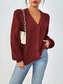 New Elegant Women's Solid-Color Front-Buttoned Knitted Cardigan Jacket For Work, Commuting And Dates - Red - View 4