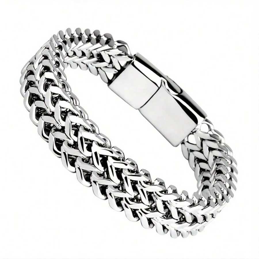 1PC Men's Stainless Steel Braided Square Reversible Chain Magnetic Buckle Bracelet - 銀色的 - 查看 1