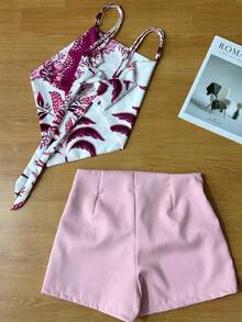 Women's Elegant Sleeveless Blouse With Floral Print And Special Effect, Matching Plain Shorts, Two-Piece Set - Hồng - Xem 3