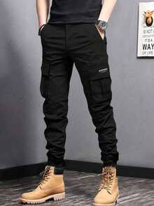 2条装青少年男孩时尚休闲运动弹力腰多口袋工装裤 - 黑色 - 查看 2