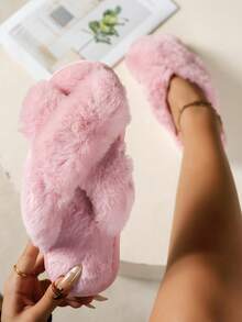 Women Fashionable Cross Belt Plush Fluffy Slippers Soft Bottom Comfortable Room Floor Quiet Bedroom House Flip Flops - Hồng - Xem 1