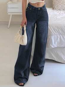 Jeans de pierna recta para mujer - Pantalones vaqueros con bolsillos en diagonal, pantalones vaqueros clásicos versátiles y cómodos para uso diario