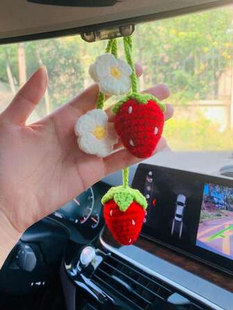 1pc Handwoven Strawberry Flower Rearview Mirror Hanging Decor, Cute & Fresh Car Interior Accessory