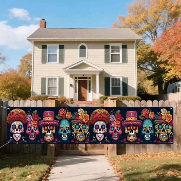 1 pièce Bannière de jardin mexicaine vibrante pour le Jour des Morts - Polyester durable avec un design coloré de crâne de bonbon, idéal pour la décoration extérieure/intérieure du jardin, du porche et de la pelouse, décoration de patio extérieur
