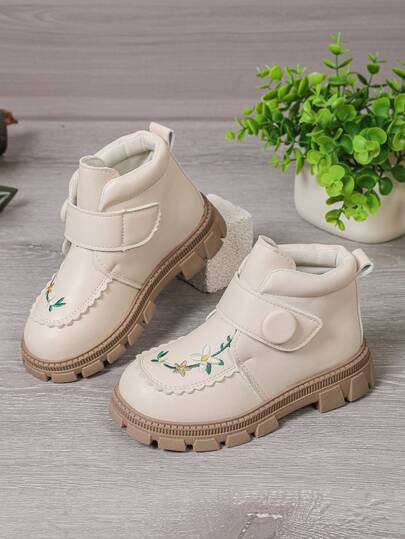 1 Par de Botas de Sola Grossa para Meninas, Botas de Tornozelo Resistentes ao Desgaste e Antiderrapantes para Bebês, Botas de Couro Bordadas Retrô para Crianças, Adequadas para Uso Diário e Atividades ao Ar Livre no Outono/Inverno