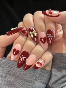 10 件红色杏仁手工按压指甲，中长，手绘红色爱心，3D 樱桃和蝴蝶结装饰，手工假指甲，红色法式指尖配金色小钢球，适合女孩和女士秋冬日常、派对、新年、圣诞节指甲装饰 - 紅色 - 查看 5