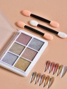 Una scatola di 6 colori con 3 bastoncini di cotone inclusi. La polvere specchio per arte di unghie è fine e non vola