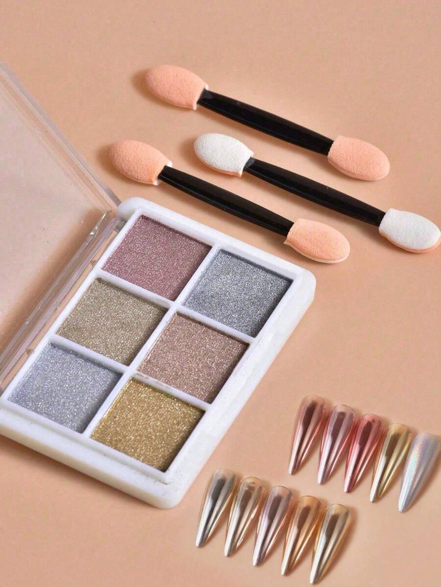 Una scatola di 6 colori con 3 bastoncini di cotone inclusi. La polvere specchio per arte di unghie è fine e non vola