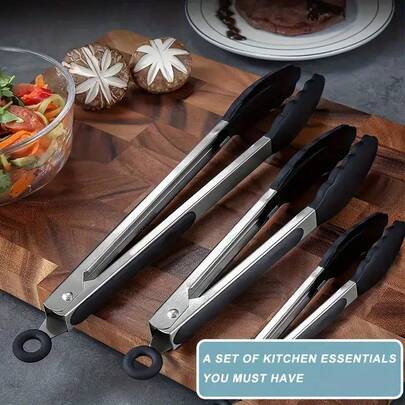1pcs Stainless Steel Kitchen Tongs With Silicone Tips - Heat Resistant Non-Slip Handle, Locking Mechanism Ensures Firm Grip.
