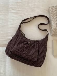 格子女士单肩包，休闲百搭可折叠拉链封口可调节肩带手提包，适合日常使用，学校/大学生，简单可爱的褶皱多口袋抽绳前袋布包 - 彩色 - 查看 16