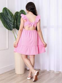 Vestido Infantil e Juvenil para Meninas e Adolescentes de Alça Estampa Xadrez Tecido Crepinho Para Festa Junina Julina Manga Frufru Moda Primavera Verão com babados (Vinf430) - Rosa chiclete - Visão 3