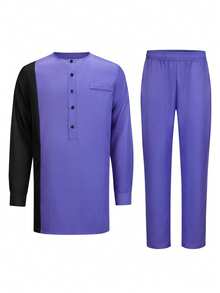 Men's Casual Long-Sleeved Two-Piece Suit, Mid-Length Top And Trousers - 藏蓝色 - 查看 3