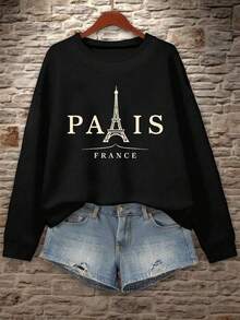 2025Women's Plus Size Paris Eiffel Tower Graphic Sweatshirt - Heather Gray Casual Long Sleeve Round Neck Pullover, Machine Washable Autumn Winter French-Inspired Top, Everyday Comfort Apparel |   Opaque MaterialSoft And Breathable - màu đen - Xem 1