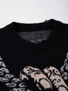 Men's Casual Loose Solid Color Pullover Sweater With Cross And Rose Graphic, Vintage American Gothic Style, Long Sleeve Knitted Top For Autumn And Winter - Black - View 4