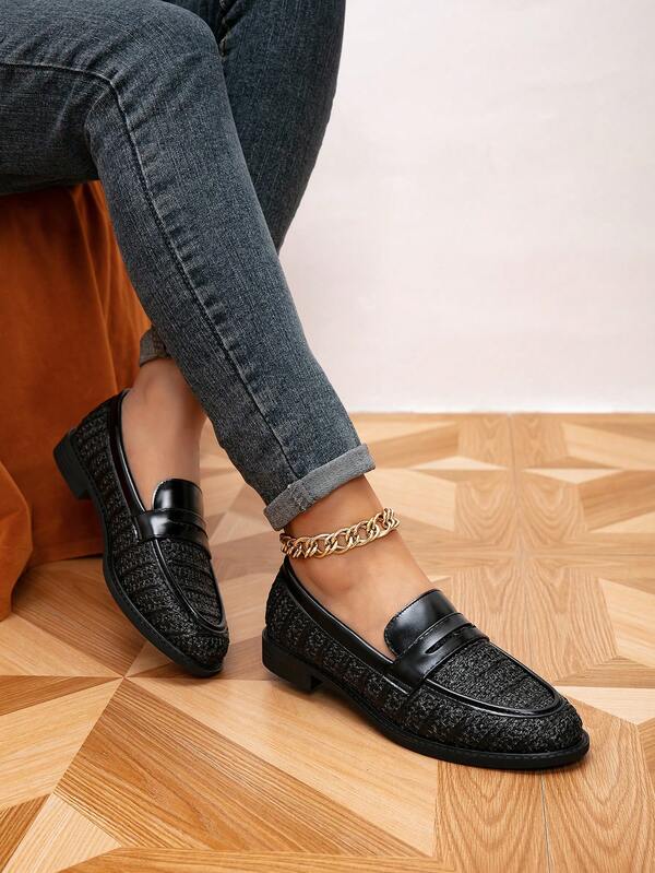 حذاء لوفر نسائي، لوفر مسطح برأس مستدير، بروغز قماش أسود مسطح بطراز رجعي، لوفر نسائي بطراز كلية، أحذية كاجوال، أحذية نسائية