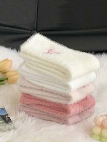 5双装女士舒适蝴蝶结毛绒袜，柔软蓬松保暖中筒袜，适合冬季穿着，休闲圣诞礼物 - 彩色 - 查看 6