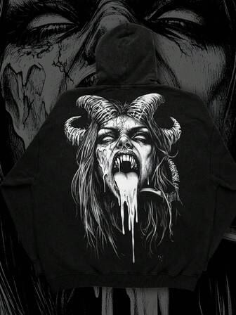 Men's Gothic Demon Print Hoodie – Oversized Streetwear Pullover With Horror Art Graphic, Punk Rock Aesthetic Sweatshirt