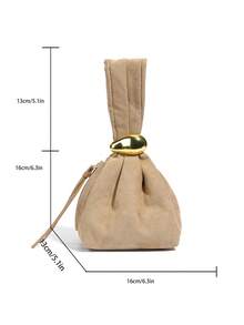 low tea 1pc Solid Color Suede Fabric Handbag For Women, Personalized Mini Cloud Pleated Bag With Metal Decor Zipper Closure, Suitable For Daily And Outing Use - Khaki - View 3