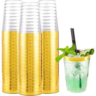 100 pièces Tasses dorées, Verres transparents de 6.76oz avec bordure dorée, Chopes de bière dorées, Tasses solides pour fête, Tasses haut de gamme à bordure dorée, Idéal pour mariages et fêtes
