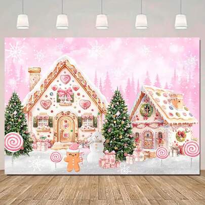 2D Flat Glittery Pink & White Winter Wonderland Background With Snowy Dessert House And Candy Trees, Durable Polyester Material, Ideal For Christmas Decor, Party & Holiday Photo Booth, Merry Christmas Photo Backdrop - Multipurpose Indoor/Outdoor Party & Event Decoration - Polyester, No Electricity Required, Perfect For Christmas Decoration