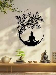 1 Stück Lebensbaum und Buddha Metallwanddekoration, Yoga Pose Blumenmuster, einfache Zen Dekoration, für Wohnzimmer, Geschäftslobby, Aufhängedekoration, Fitnessstudio, Yogastudio, geeignet für Umzug in neues Zuhause, Weihnachten, Frühlingsfest, Halloween, ideales buddhistisches Geschenk für Mönche und Praktizierende