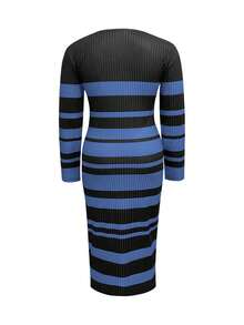 大码女式罗纹印花长袖针织连衣裙，修身，春秋季 - 藍色 - 查看 3