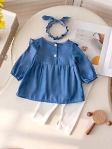 3pcs Baby Girls Spring/Autumn Long Sleeve Set, Stylish Denim Effect Princess Dress, Pants And Headband, Infant Clothing