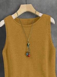 Women's Solid Color Knit Vest, Retro Japanese Style Layering Casual Short Cardigan, Versatile For Summer Vacation, Autumn, Spring - Mustard Yellow - View 6