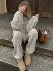 2pcs Women's Casual Knit Cardigan Sweater And Flare Pants Set, Slightly Stretchy, Warm And Comfortable, Autumn - Apricot - View 5