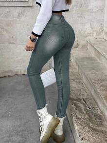 Women's High Waisted Solid Skinny Jeans - Basic Slim Fit Bodycon Denim Pants Soho Minimalist Essentials - Grey - View 2