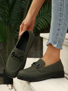Women's Green British Style Slip-On Loafers, Anti-Slip, Soft & Comfortable, School/Work Casual Shoes, New Design - Army Green - View 3