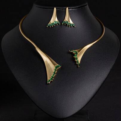 3pcs/Set Golden Elegant Women Choker Necklace, Open Collar Necklace, Unique Design With Synthetic Zirconia, Leaves, Earrings, Necklace, Combination Jewelry, Choker, Gift
