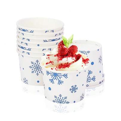 10 件/20 件/50 件雪花零食杯白色和蓝色圣诞纸冰淇淋碗蓝白色雪花零食甜点纸碗冬季甜点碗适用于热食或冷食派对用品