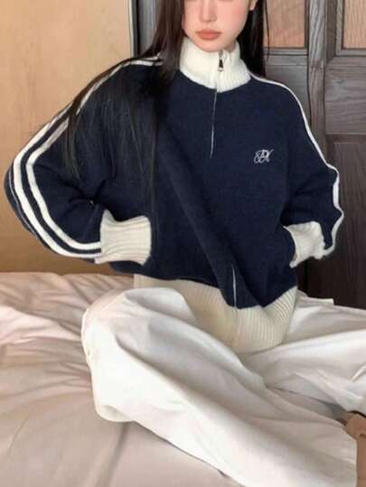 American Style Color Block Long Sleeve Stand Collar Sweater Jacket For Women, New Arrival, Loose Fit Baseball Collar Zip-Up Cardigan Top