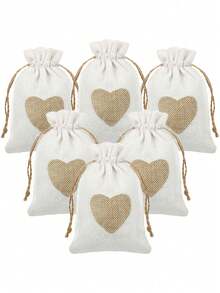 10 buc - Pungi de pânză de sac, pungă de cadou din in cu șnur și imprimeu cu inimă, mini pungă de cadou pentru bijuterii cu șnur, perfectă pentru nuntă, pungă de cadou pentru domnișoare de onoare, petrecere, ziua de naștere, Halloween, Ziua Recunoștinței, cadouri pentru petreceri de Crăciun