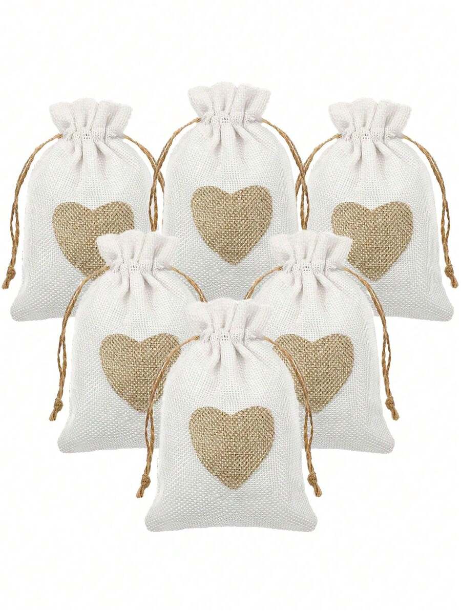 10 buc - Pungi de pânză de sac, pungă de cadou din in cu șnur și imprimeu cu inimă, mini pungă de cadou pentru bijuterii cu șnur, perfectă pentru nuntă, pungă de cadou pentru domnișoare de onoare, petrecere, ziua de naștere, Halloween, Ziua Recunoștinței, cadouri pentru petreceri de Crăciun