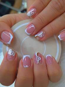 Bộ 24 móng tay giả hình vuông ngắn đính kim tuyến hình trái tim và đầu móng kiểu Pháp, bao gồm 1 gel thạch và 1 dung dịch đệm, thích hợp cho tiệc Valentine, khiêu vũ và sử dụng hàng ngày, có thể tháo rời và tái sử dụng móng tay giả - Nhiều màu - Xem 8