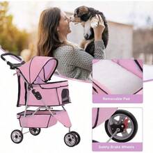 3 Wheels Pet Stroller Dog Cat Cage Jogger Stroller For Medium Small Dogs Cats Folding Travel Carrier With Cup Holder, Waterproof Design & Removable Liner