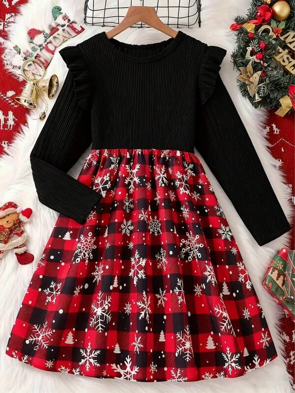 1pc Girls' Christmas Casual Ruffled Sleeve Round Neck Knee-Length Knit Dress With Snowflake Plaid Pattern, Polyester Fabric, Youth Holiday Outfit