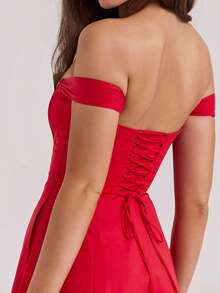 Fishbone Halter Dress Slim Backless Split Mid-Length Floral Dresses - Đỏ - Xem 4