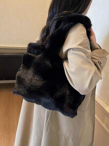 秋冬新款毛绒单肩包大容量手提包拼布托特包纯色仿皮草手提包多功能女包优雅百搭通勤包 - 黑色 - 查看 6