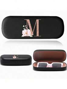 Printed With Flowers And Letters A-Z Elegant Personalized Black Glasses Case For Men & Women - Hard Shell Eyeglass Protector With Wear-Resistant Soft Lining, Suitable For Prescriptions Eyeglasses And Various Eyeglasses Accessories For Women- Portable Myopia & Glasses Organizer For Travel & Daily Use,Birthday Party Gifts(Except U Q X)