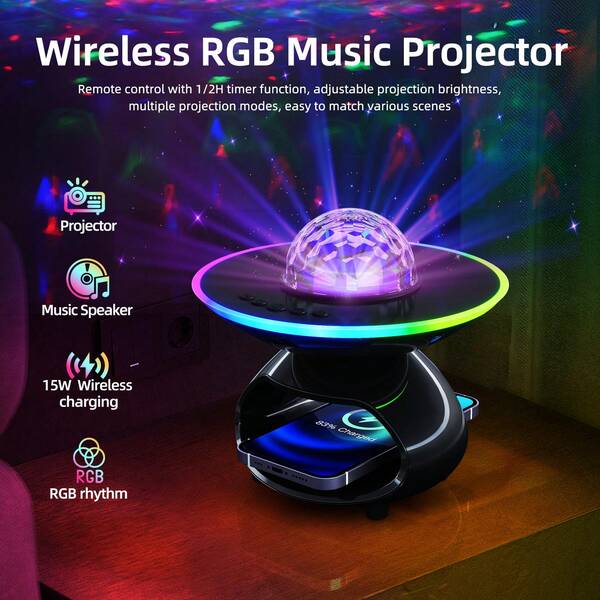 Proyector de anillo RGB, lámpara de escritorio multifuncional con altavoz inalámbrico, cargador de 1200mAh, carga de 15W, adecuado para oficina, estudio, dormitorio, regalo