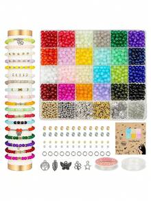 Glass Beads Kit, Mix Colors Glass Round Beads Kit For Jewelry Making, DIY Friendship Bracelet Necklace Earrings Crafts Gifts, Dual Colorful Crack Beads