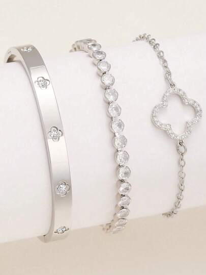 时尚欧美四叶草造型锆石镶嵌女士手链套装，适合多种场合，可叠戴，也适合作为礼物送给朋友