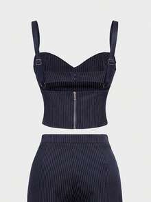 2pcs Set Women Commuting Outfit: Striped Camisole Top + Wide Leg Loose Casual Trousers