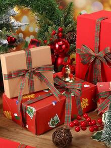 Nastro scozzese a quadri natalizio da 25 iarde per rotolo, con bordo dorato, per artigianato natalizio, confezione regalo, decorazione albero di Natale, bouquet natalizi, decorazione torte, decorazioni natalizie, decorazioni invernali per la casa, regali di Natale, decorazioni natalizie