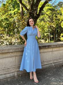 MARRANT PLAIN MIDI DRESS Simple Button Contrasted Waist WOMEN'S SUMMER FASHION - Baby Blue - View 5